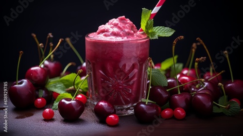 Sweet cherry smoothie drink in glass with mint leaves and fresh cherries. Food photography. Horizontal format, for bar menu. AI generated.
