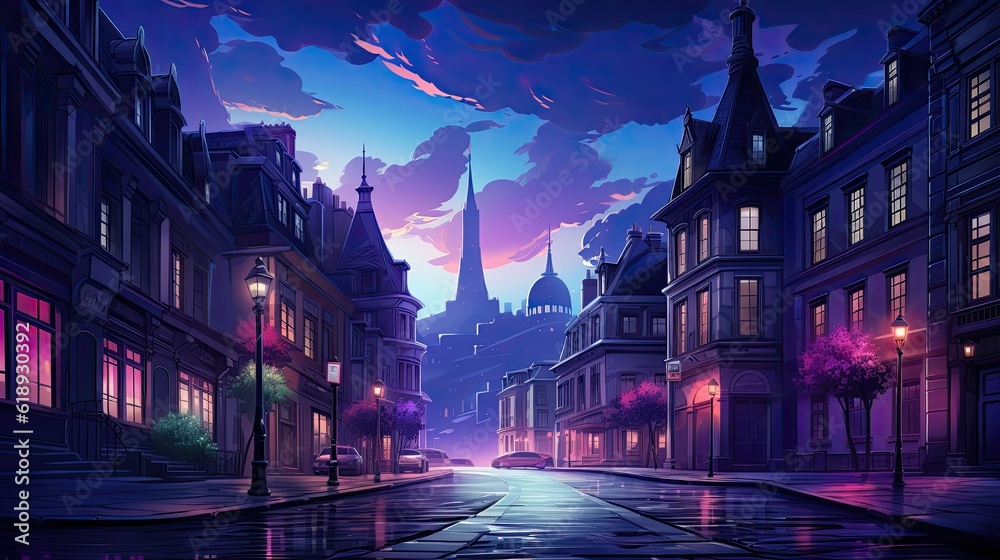 City street with houses and buildings with glowing city at night wallpaper background old town square at night City street with houses and buildings with glowing city at night wallpaper background old town square at night