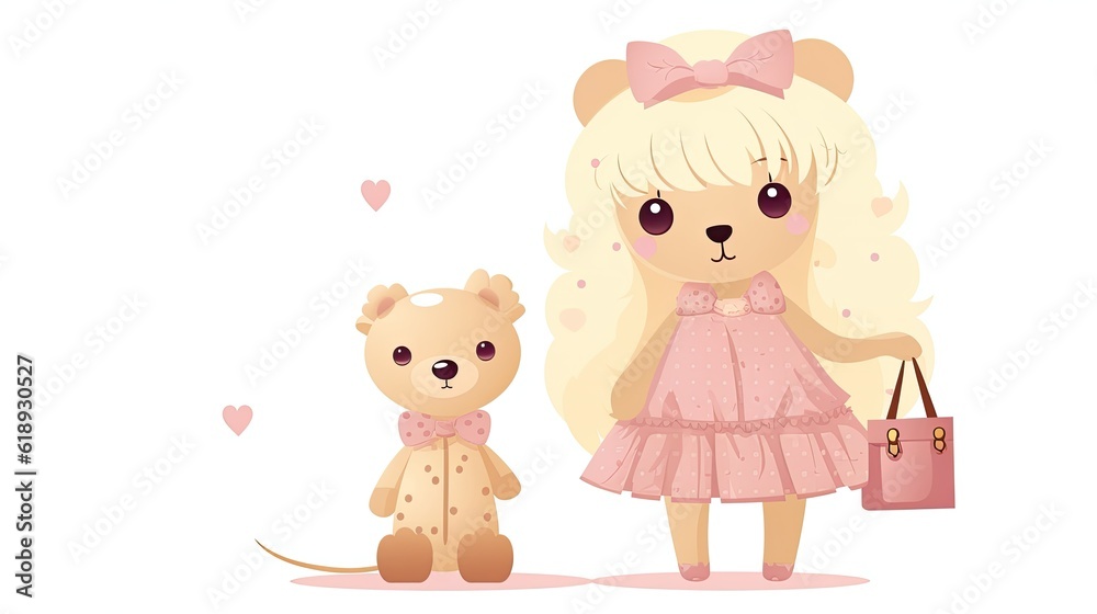 cute girly fashionable bear doll with little dog vector cute girly fashionable bear doll with little dog vector