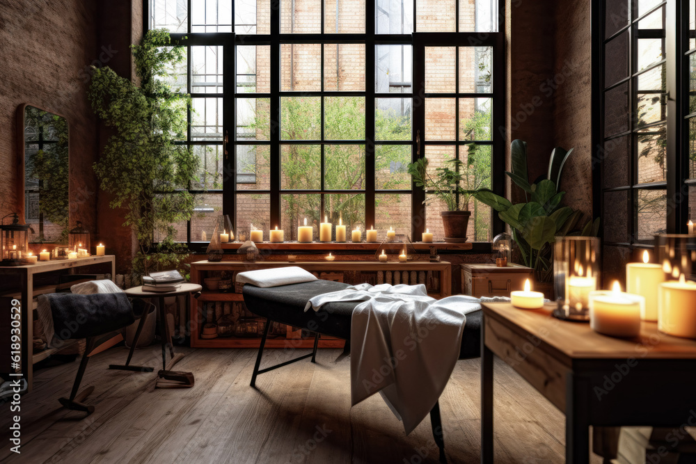 Cozy wellness spa salon room, wooden furniture and plants, calm atmosphere, comfortable massage bed. Generative AI