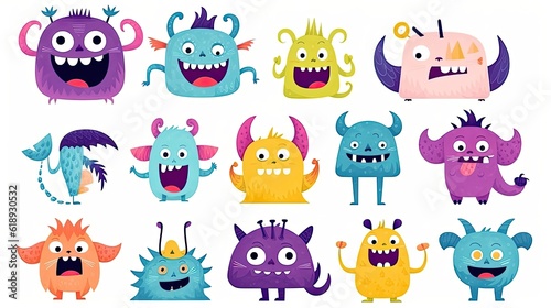 Cute monsters in trendy contemporary art style Vector set of funny cartoon monsters