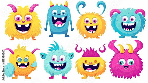 Cute monsters in trendy contemporary art style Vector set of funny cartoon monsters
