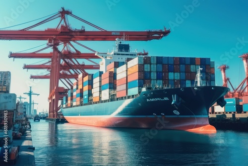Container ship at the berth in cargo terminal of the port under loading or unloading. Port cranes load containers, place them in rows on the deck of the vessel. International freight shipping concept.