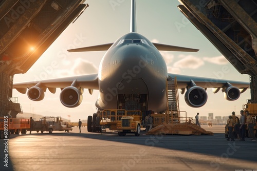 Front view of a cargo plane at the airport. Loading transport aircraft in the cargo terminal of the airport. International freight transport and logistics concept. 3D illustration.