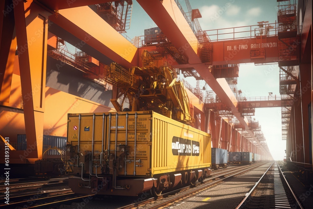 Port cargo terminal, transport hub. A port crane reloads cargo from a sea vessel into a freight car for further transportation. International freight transport and logistics concept. 3D illustration.