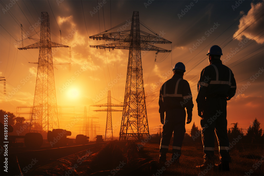 Silhouette workers on background of construction