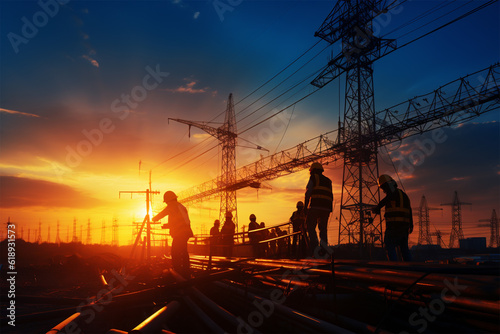Silhouette workers on background of construction