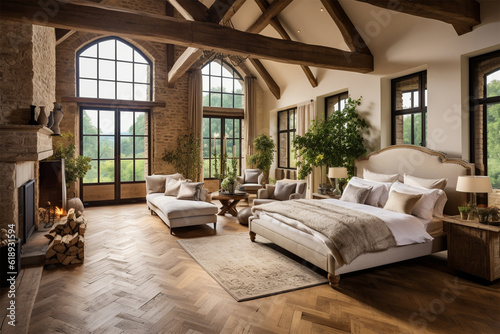 Empty master bedroom with parquet floors