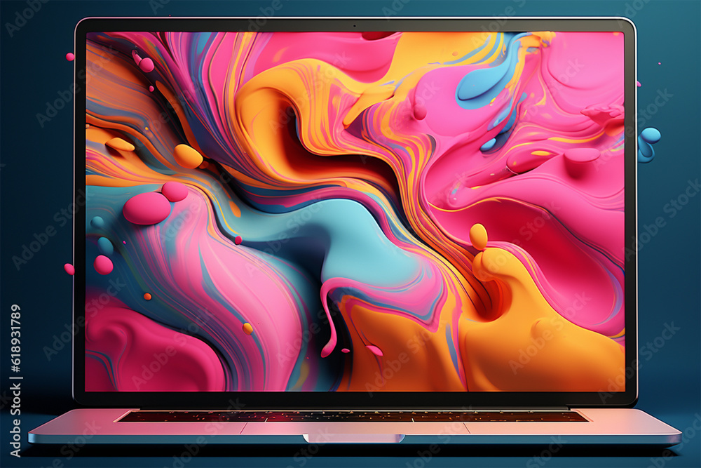 Laptop Trendy liquid style shapes abstract design, dynamic smartphone pub concept Laptop Trendy liquid style shapes abstract design, dynamic smartphone pub concept