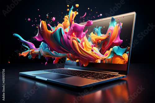 Laptop Trendy liquid style shapes abstract design, dynamic smartphone pub concept