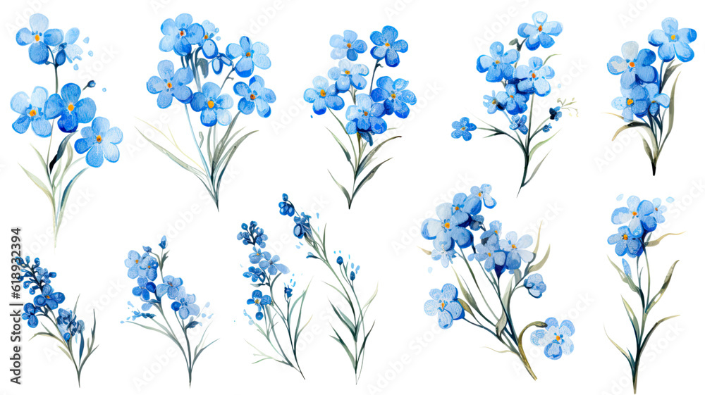 a collection of grunge oil painted forget-me-nots isolated on a transparent background, generative ai a collection of grunge oil painted forget-me-nots isolated on a transparent background, generative ai
