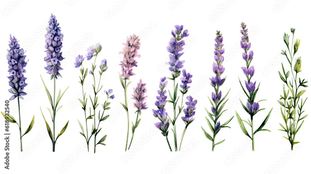 Naklejka premium a collection of grunge oil painted lavender flowers isolated on a transparent background, generative ai