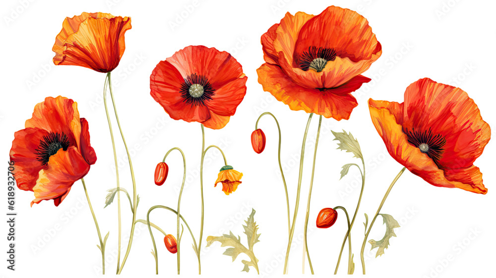 a collection of grunge oil painted poppies flowers isolated on a transparent background, generative ai - obrazy, fototapety, plakaty 