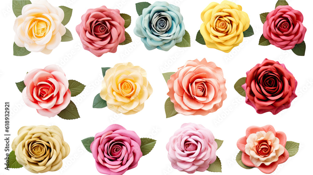 Obraz premium a collection of retro scrapbook roses flowers isolated on a transparent background, generative ai