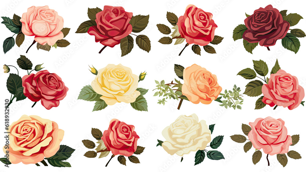 a collection of retro scrapbook roses flowers isolated on a transparent background, generative ai
