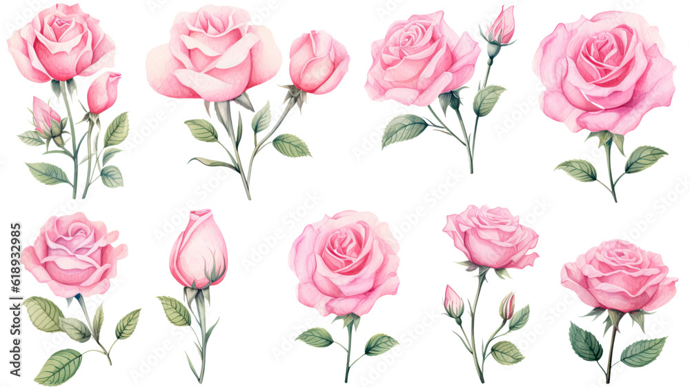 a collection of watercolor roses flowers isolated on a transparent background, generative ai