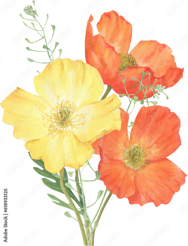 Naklejka premium Composition of summer flowers hand-drawn in watercolor.
