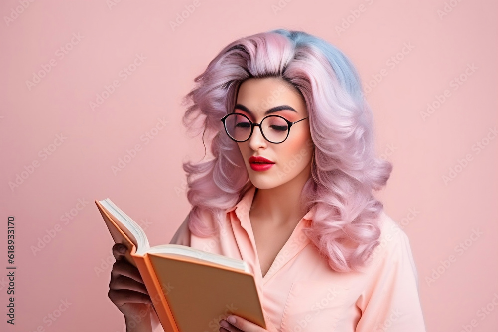 Drag queen with colorful hair and bold makeup reading book. Generative AI illustration Drag queen with colorful hair and bold makeup reading book. Generative AI illustration
