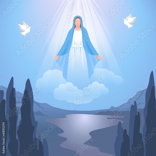  Assumption of Mary.Holy Blessed Virgin Mary or Mother of God.  Feast of the immaculate conception .Vector illustration for Christian and Catholic communities decoration of religious holidays.Vector