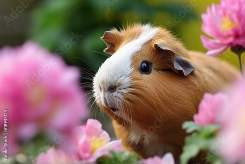 Cute guinea pig between fields of flowers.