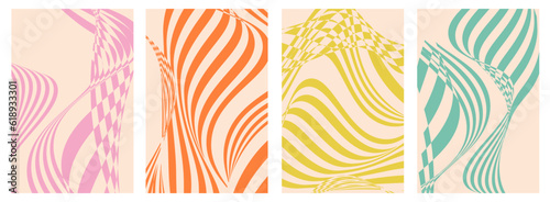 Groovy hippie 70s vector backgrounds for poster, flayer and social media. Y2k aesthetic, trendy retro psychedelic style. Distorted and twisted vector illustration in trendy retro psychedelic style.