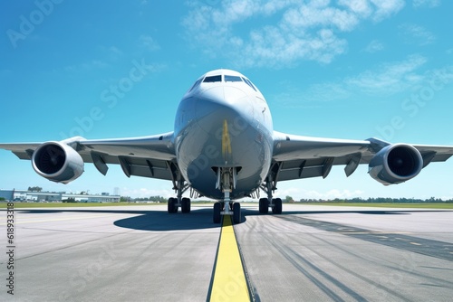 Front view of a modern civil aircraft on the airfield runway. Wide body aircraft ready to take off against the blue sky. Global travel and transportation concept. 3D illustration.