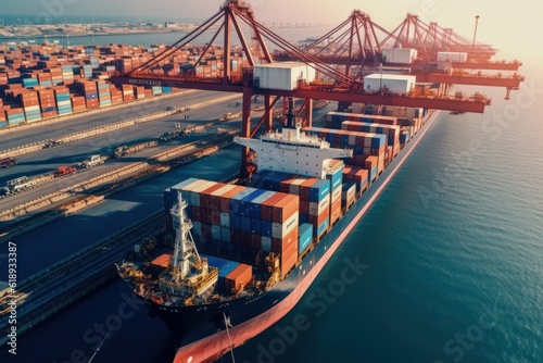 Aerial view of a cargo container ship. Fully loaded container ship against the background of a cargo terminal in a seaport, port cranes, railroads. Global freight logistics concept. 3D illustration.