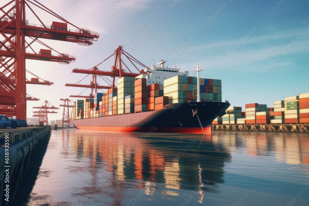 Naklejka premium Container ship at the berth in cargo terminal of the port under loading or unloading. Port cranes load containers, place them in rows on the deck of the vessel. International freight shipping concept.