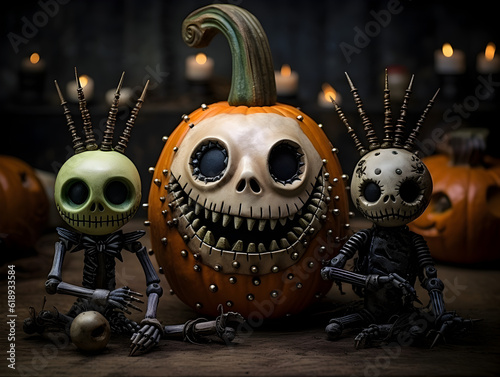 Halloween pumpkin and skeleton decoration, AI generated illustration photo