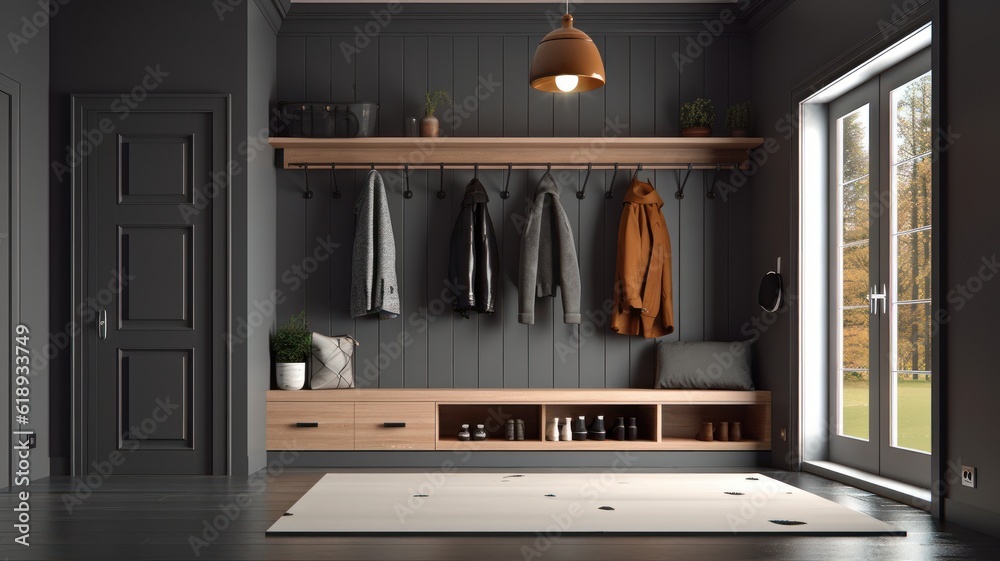 Stylish interior of a hallway in a country house. Gray walls, glazed door, wall hangers, shoe cabinets, plant in a pot, rug on the floor. Modern classic cozy interior. Mockup, 3D rendering. Stylish interior of a hallway in a country house. Gray walls, glazed door, wall hangers, shoe cabinets, plant in a pot, rug on the floor. Modern classic cozy interior. Mockup, 3D rendering.