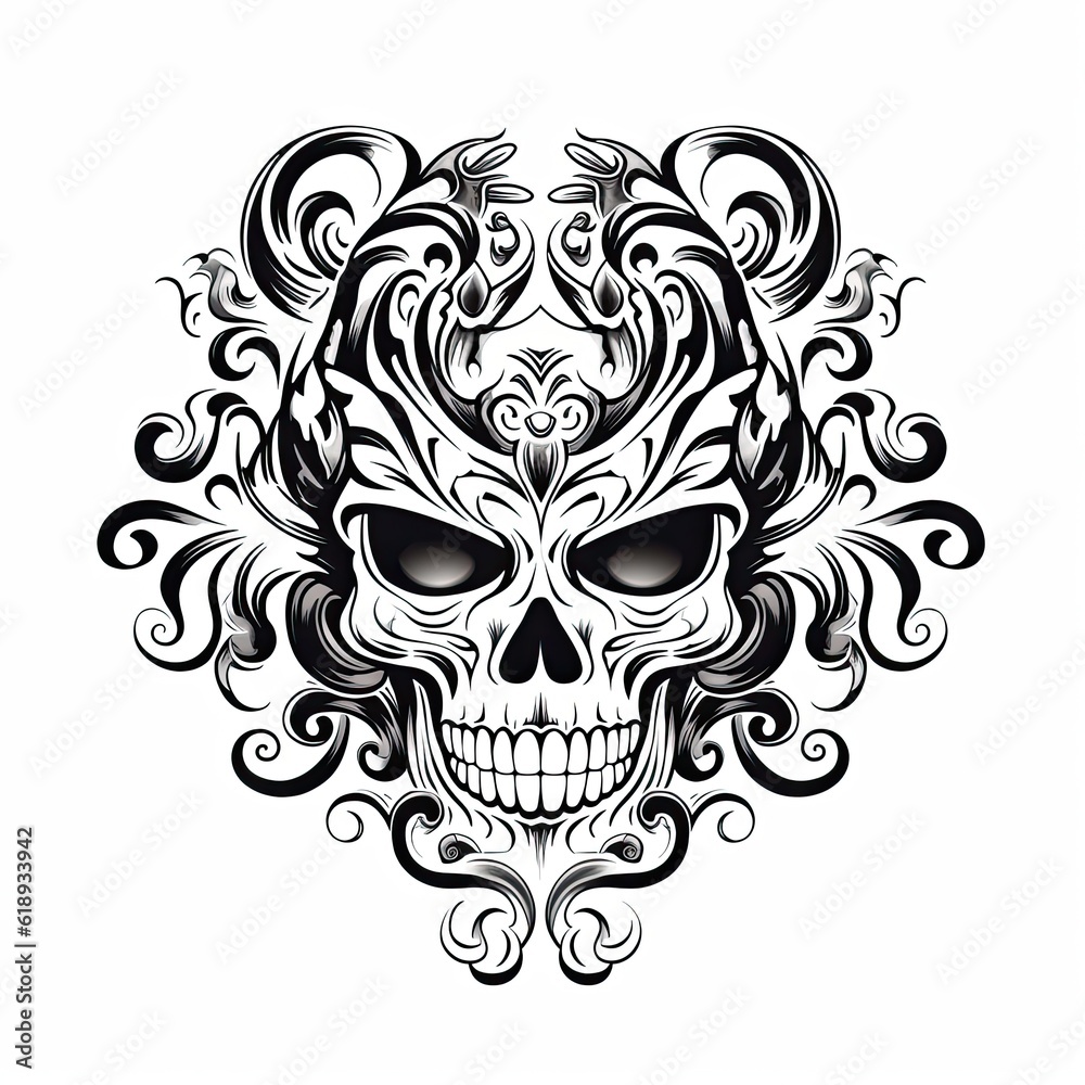 skull with wings and flowers tattoo vector