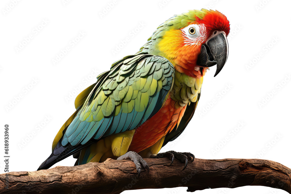Obraz premium Colorful flying parrot on tree branch isolated on transparent background.
