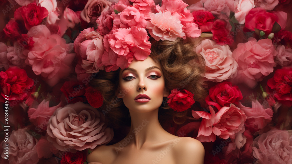 Aesthetic Woman: The Epitome of Beauty, a Sensuous Model adorned with Vibrant Red and Pink Flowers, Exquisite Makeup, and Fashion Elegance. Generative AI, Generative KI