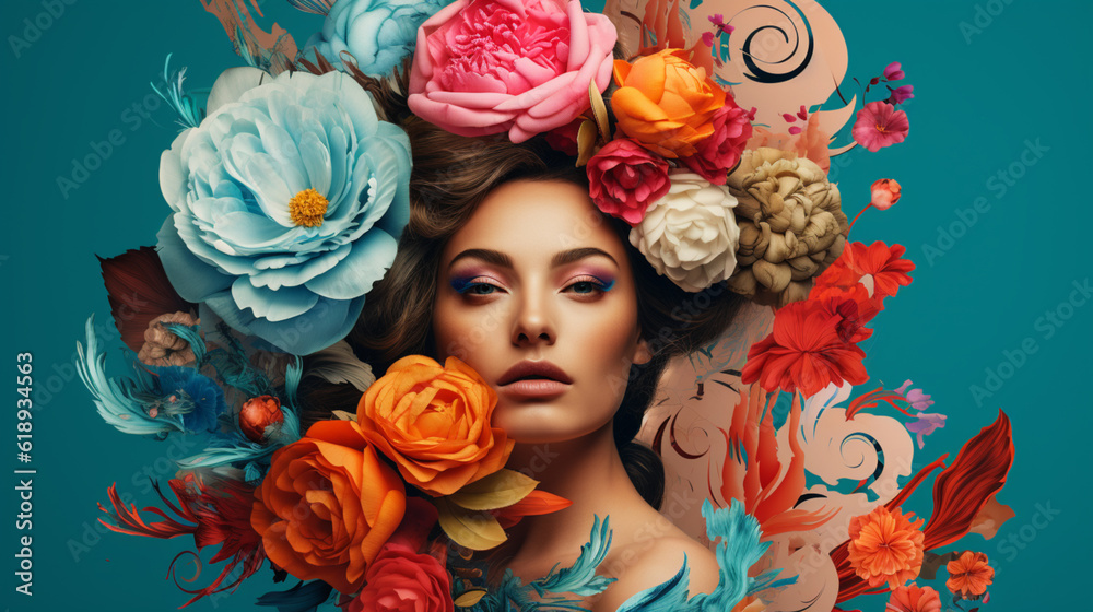 Radiant Beauty: Captivating Portrait of a Woman amidst Colorful Blooms, Embracing Generative AI, Generative KI