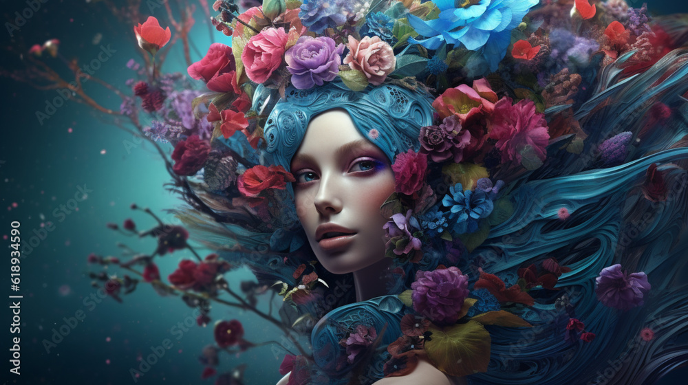 Aesthetic Woman: Captivating Beauty Amidst a Sea of Blue Blossoms, Studio Photography, Generative AI, Generative KI
