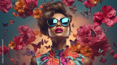 Ethereal Elegance: Captivating Dark Beauty, High Fashion Portrait with Sunglasses and Enchanting Floral Whispers - Generative AI, Generative KI