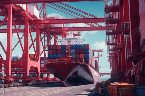 Container ship at the berth in cargo terminal of the port under loading. Port cranes load containers, place them on the deck of the vessel. International freight shipping concept. 3D illustration.