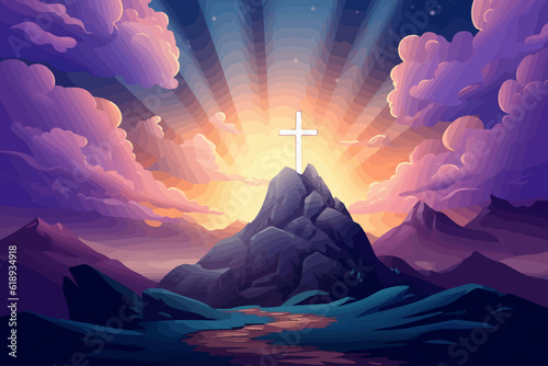 Mystical Revelation: Cartoon Illustration of Golgotha Hill with an Enchanting Sky, Casting Divine Light and Clouds, Unveiling the Holy Cross. AI Generated