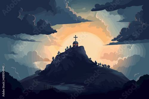 Mystical Revelation  Cartoon Illustration of Golgotha Hill with an Enchanting Sky  Casting Divine Light and Clouds  Unveiling the Holy Cross. AI Generated