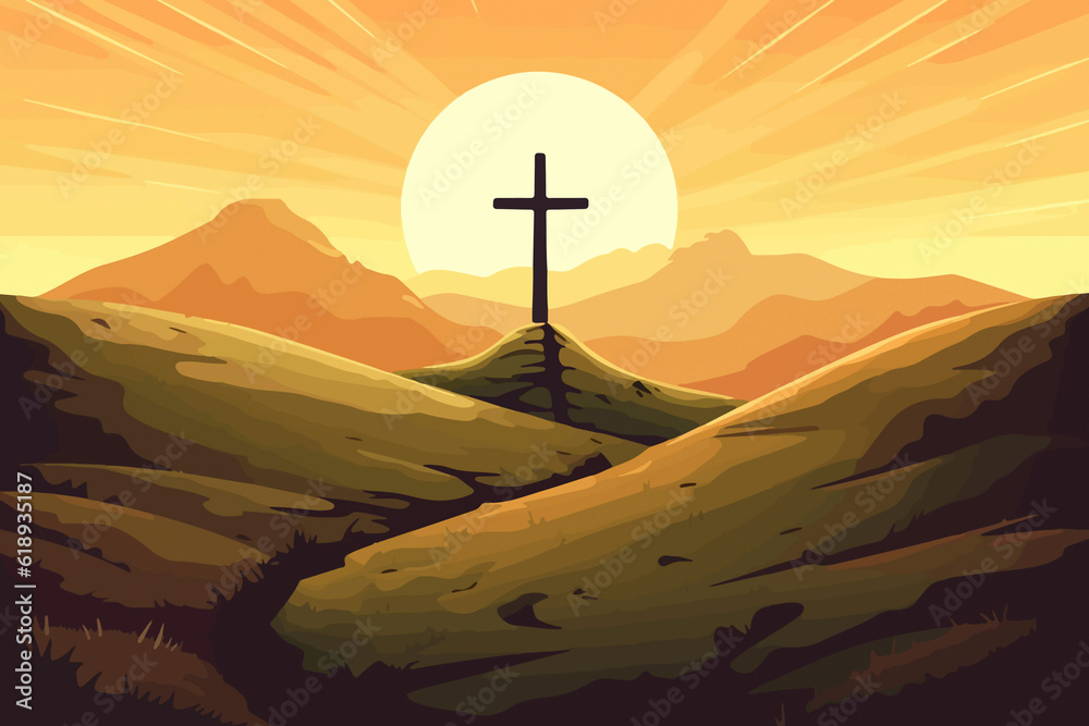cartoon illustration of a cross on a hill with the sun setting behind it. AI Generated
