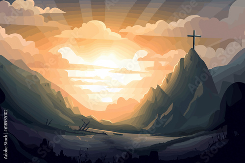 Heavenly Presence  Cartoon Sky over Golgotha Hill Shrouded in Majestic Light and Clouds  Unveiling the Holy Cross Symbol. AI Generated