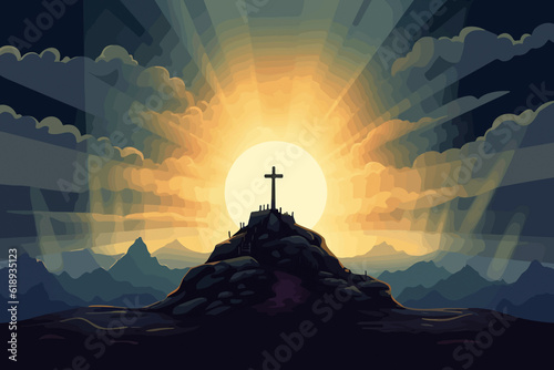 cartoon illustration of a sky over golgotha hill is shrouded in majestic light and clouds revealing the holy cross symbol. AI Generated