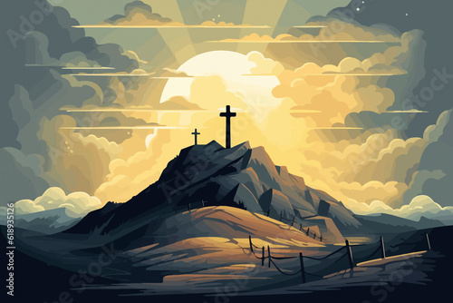 Fototapete cartoon illustration of a sky over golgotha hill is shrouded in majestic light and clouds revealing the holy cross symbol