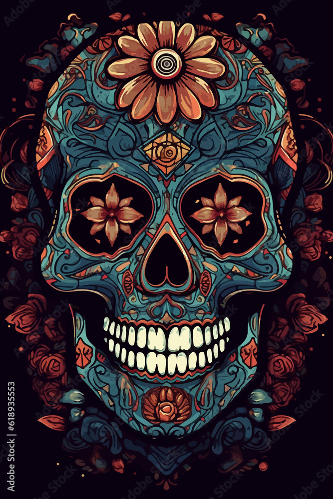 Naklejka premium colorful day of the dead skull altar concept background. AI Generated
