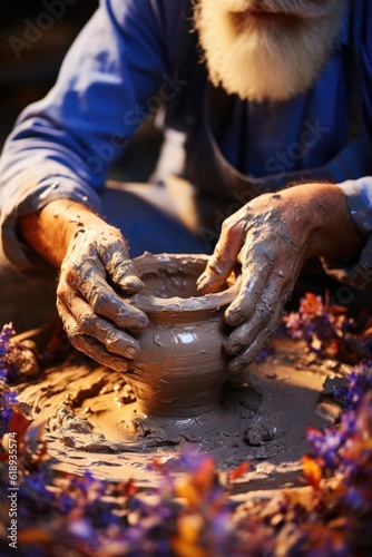 A pottery close-up showing hands shaping a clay pot. (Illustration, Generative AI)