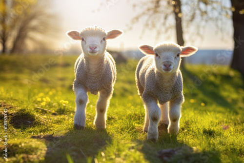 Two young lamb sheep on spring meadow looking curious into camera, nice warm afternoon sunlight haze. Generative AI