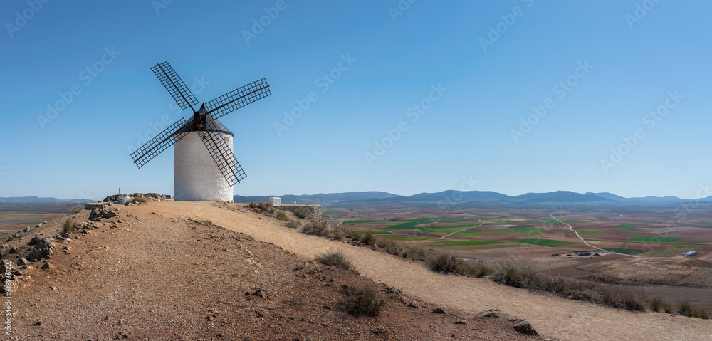 Panoramic view of Clavileno Windmill at Cerro Calderico - Consuegra, Castilla-La Mancha, Spain Panoramic view of Clavileno Windmill at Cerro Calderico - Consuegra, Castilla-La Mancha, Spain