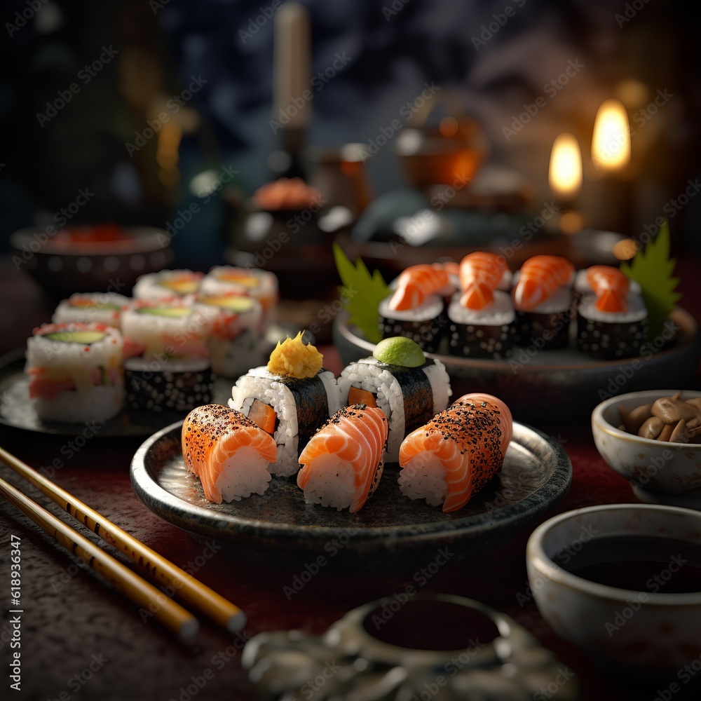 a table topped with plates of sushi and chopsticks a table topped with plates of sushi and chopsticks