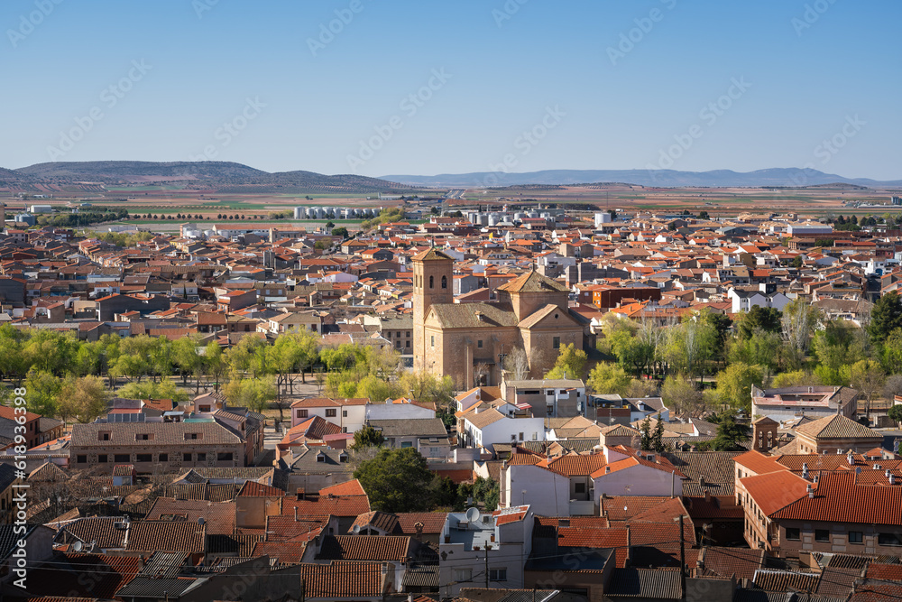 Aerial view of Consuegra with Saint John the Baptist Church (San Juan Bautista) - Consuegra, Castilla-La Mancha, Spain