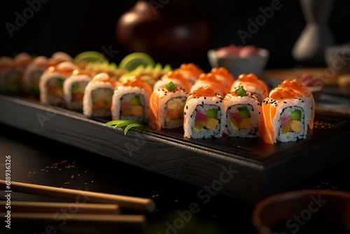 a plate of sushi with chopsticks on the side
